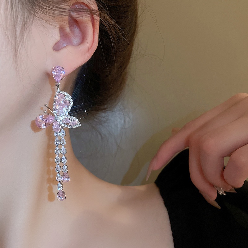 Bông Tai Mạ Bạc 925 Hình Bướm Đính Đá zircon Sang Trọng Thời Trang