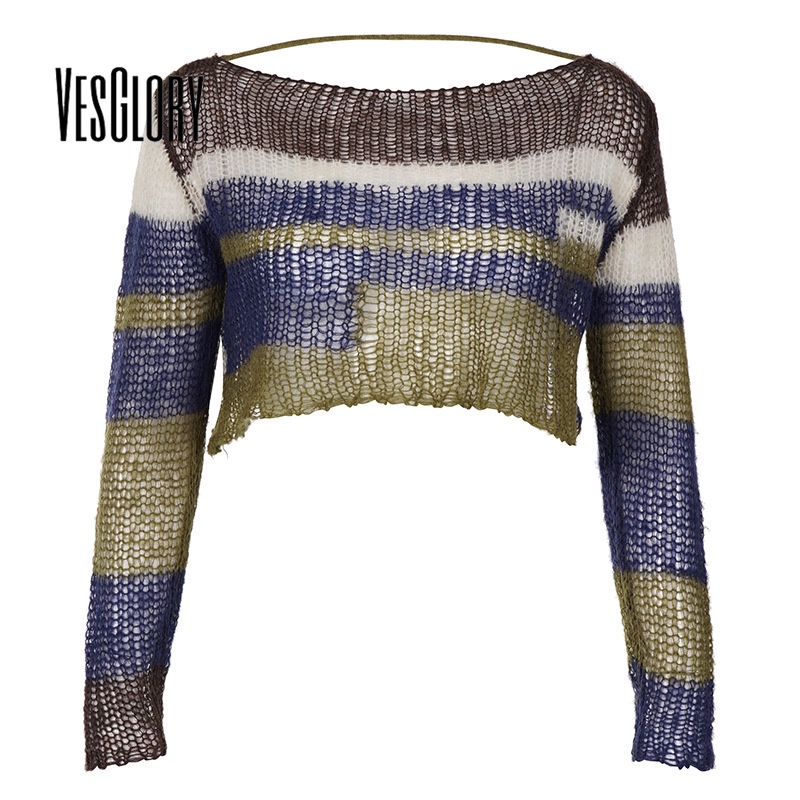 Áo Thun crop top Tay Dài Cổ Tròn In Họa Tiết Màu Tương Phản Thời Trang Cho Nữ 2023