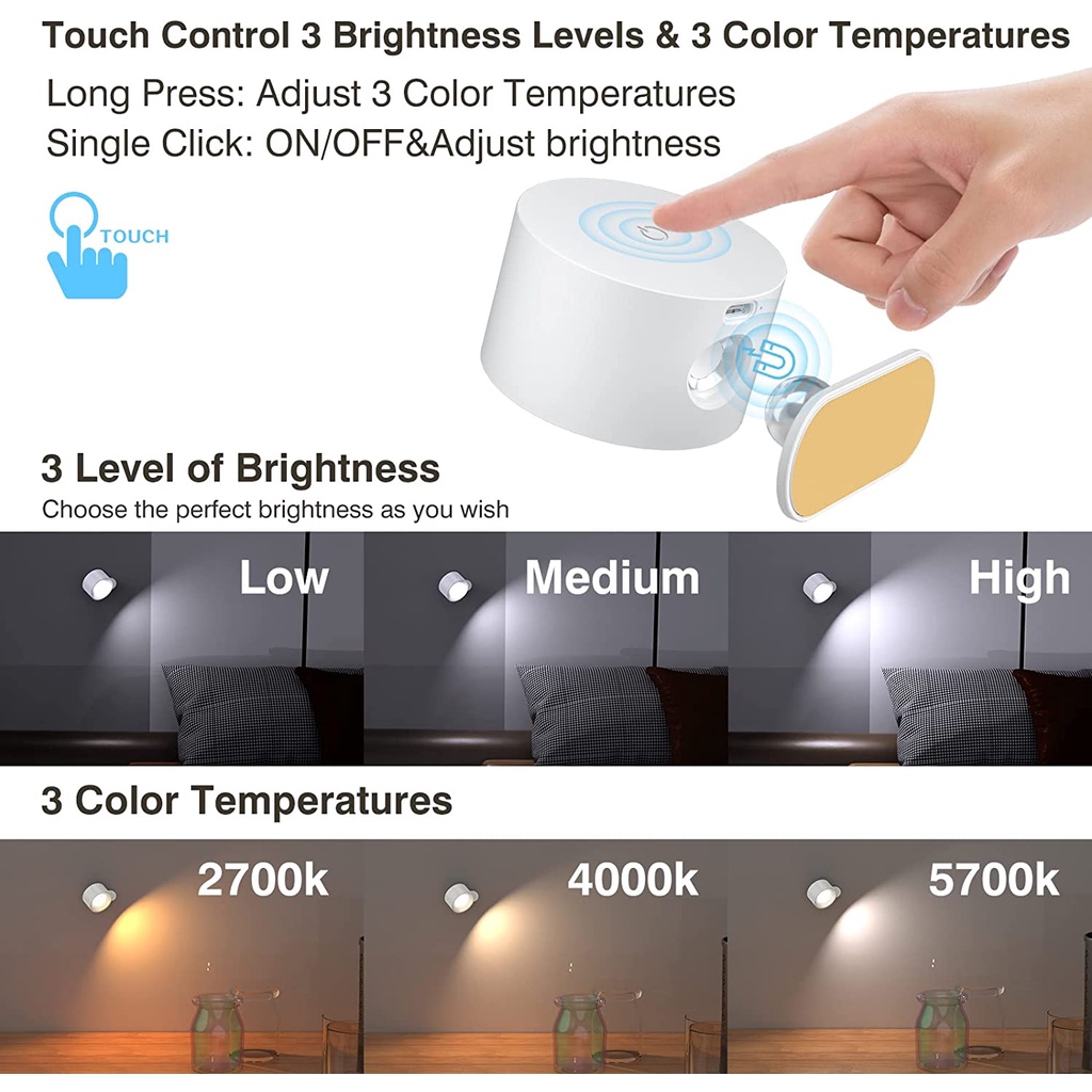Đèn led Đọc Sách Gắn Tường Không Dây Cảm Ứng & Điều Khiển Từ Xa Sạc usb Cho Phòng Ngủ