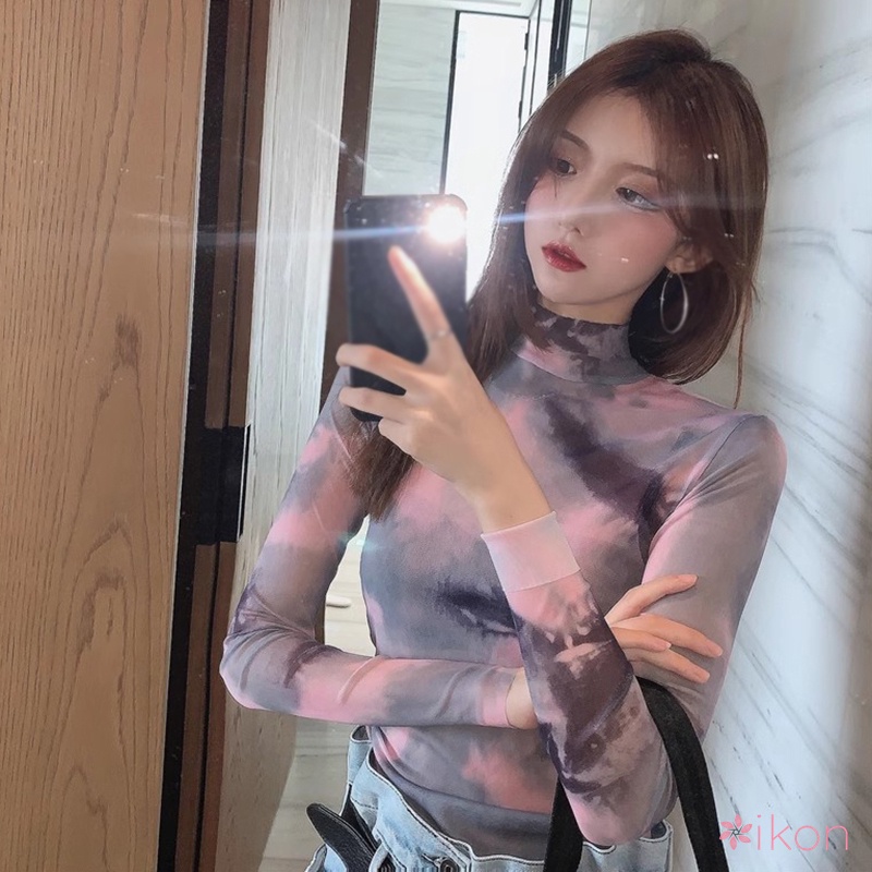 Áo Thun Tay Dài Cổ Cao Màu Nhuộm Phong Cách Hàn Quốc Thời Trang Cho Nữ