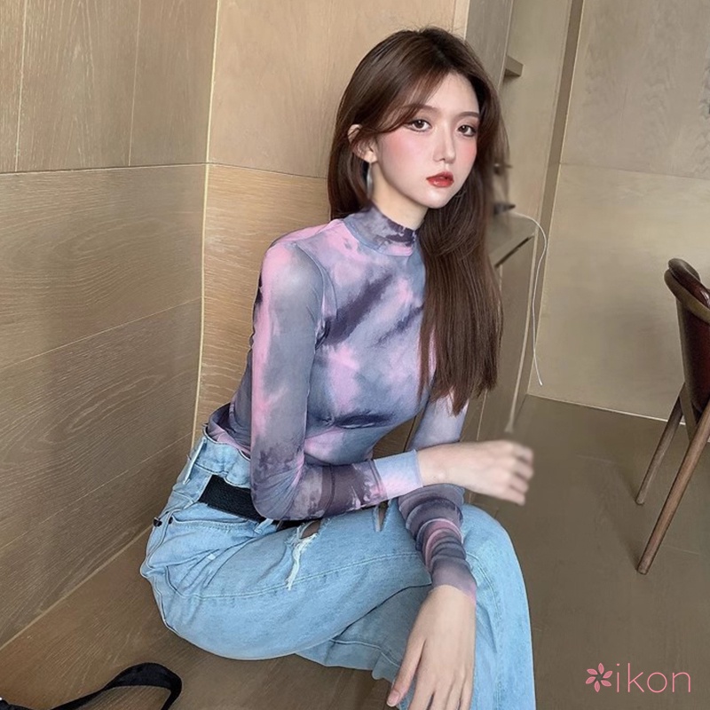 Áo Thun Tay Dài Cổ Cao Màu Nhuộm Phong Cách Hàn Quốc Thời Trang Cho Nữ