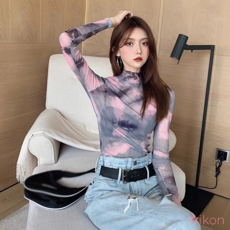 Áo Thun Tay Dài Cổ Cao Màu Nhuộm Phong Cách Hàn Quốc Thời Trang Cho Nữ