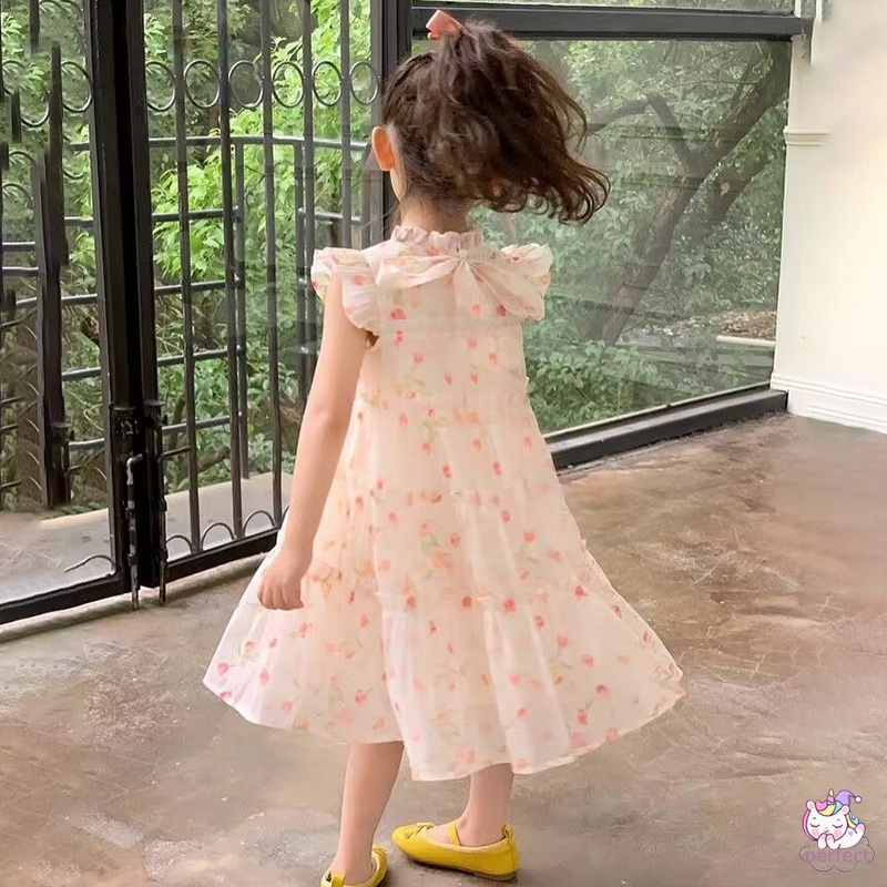Đầm Hoa Cổ Ren Thắt Nơ Xinh Xắn Cho Bé Gái