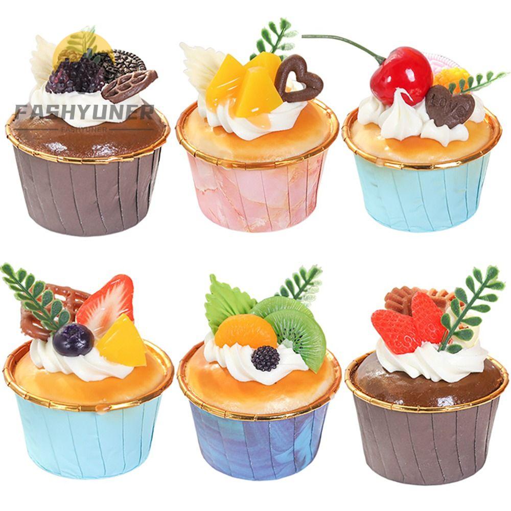 Set 6 mô hình bánh cupcake kem trái cây giả WUWOWU Fashyuner trang trí nhiều màu sắc