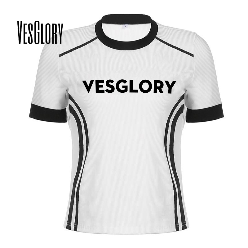 Áo thun croptop nữ VESGLORY cổ tròn in chữ phối màu tương phản thời trang 2023