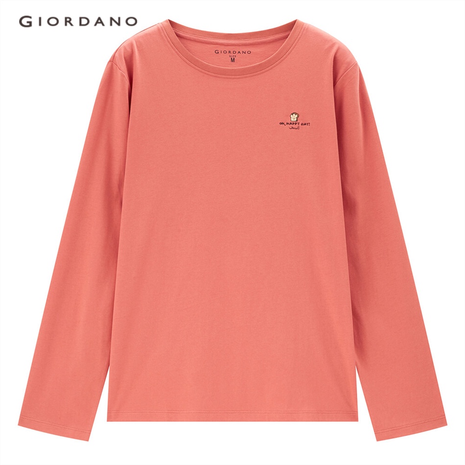 Áo thun GIORDANO 13393791 cotton tay dài thêu họa tiết thời trang dành cho nữ