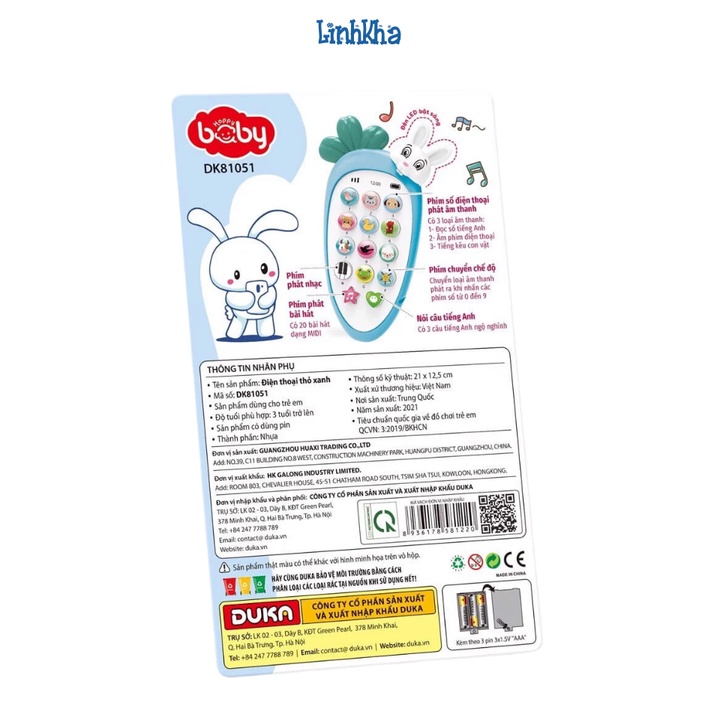 Đồ Chơi Điện Thoại Thỏ Xanh Cho Bé Có Đèn, Âm Thanh Bi Bô Tiếng Anh, Tiếng Động Vật Và Bài Hát - Duka DK81051