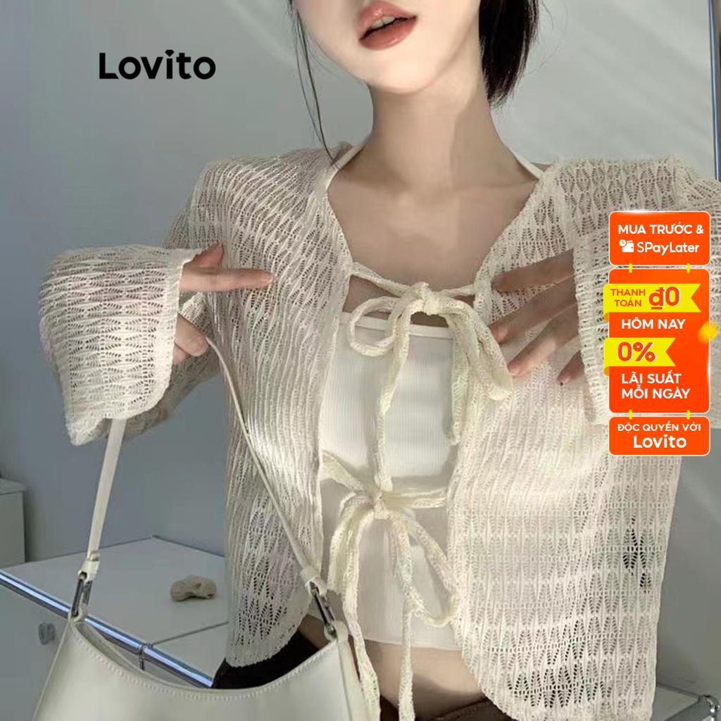 Áo cardigan Lovito tay dài cổ V buộc dây màu trơn thường ngày cho nữ LNE09034 (Trắng)