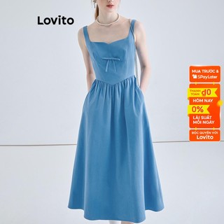 Đầm Lovito cổ tim xếp nếp đính nơ trước màu trơn thanh lịch cho nữ LNE16038 (màu xanh dương)