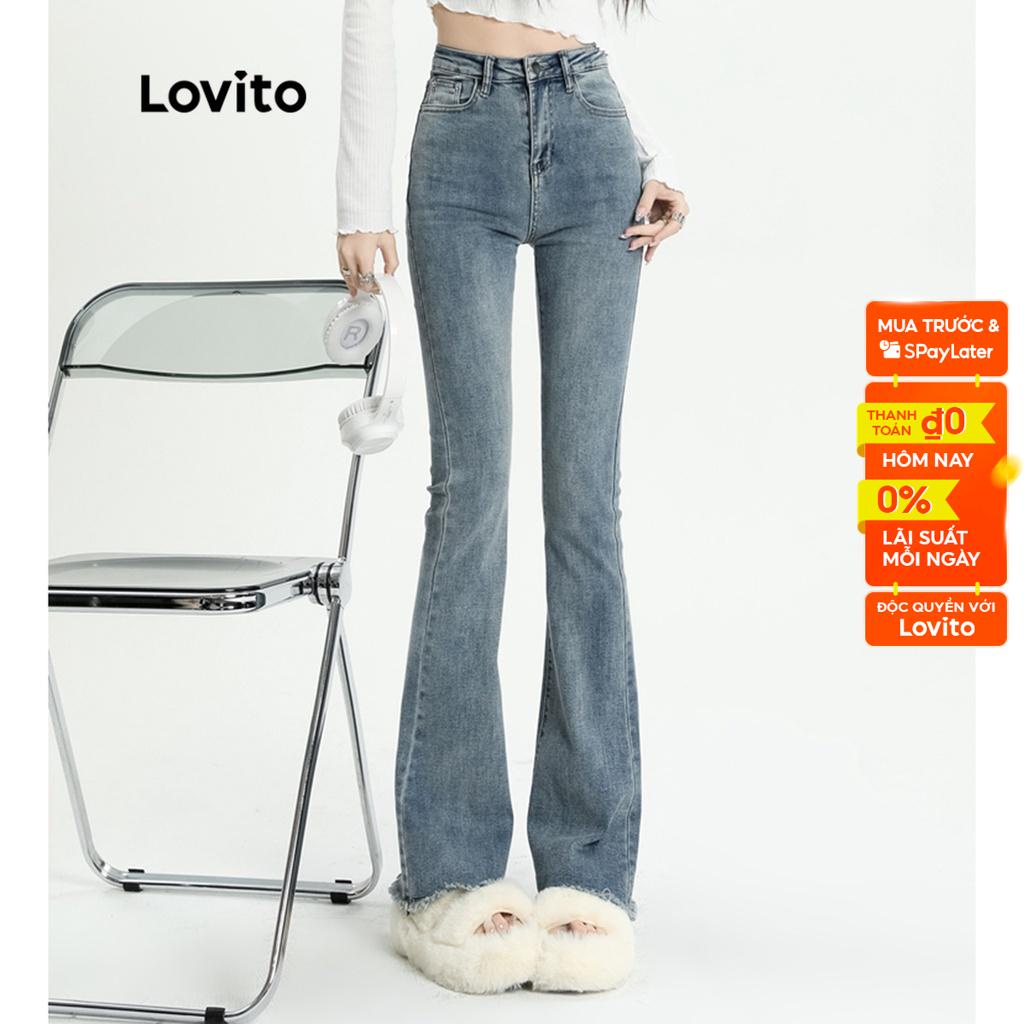 Lovito Quần jean cạp cao wash trơn thường ngày cho nữ LNA09010 (Màu xanh da trời)