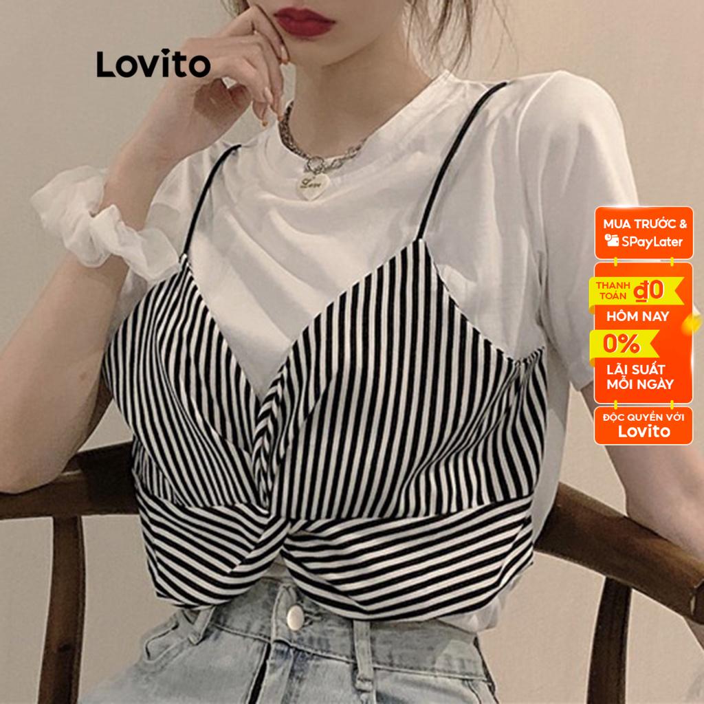 Áo thun LOVITO tay ngắn cổ tròn xoắn ghép nối màu sắc kẻ sọc thường ngày cho nữ LNA10010 (Màu trắng)