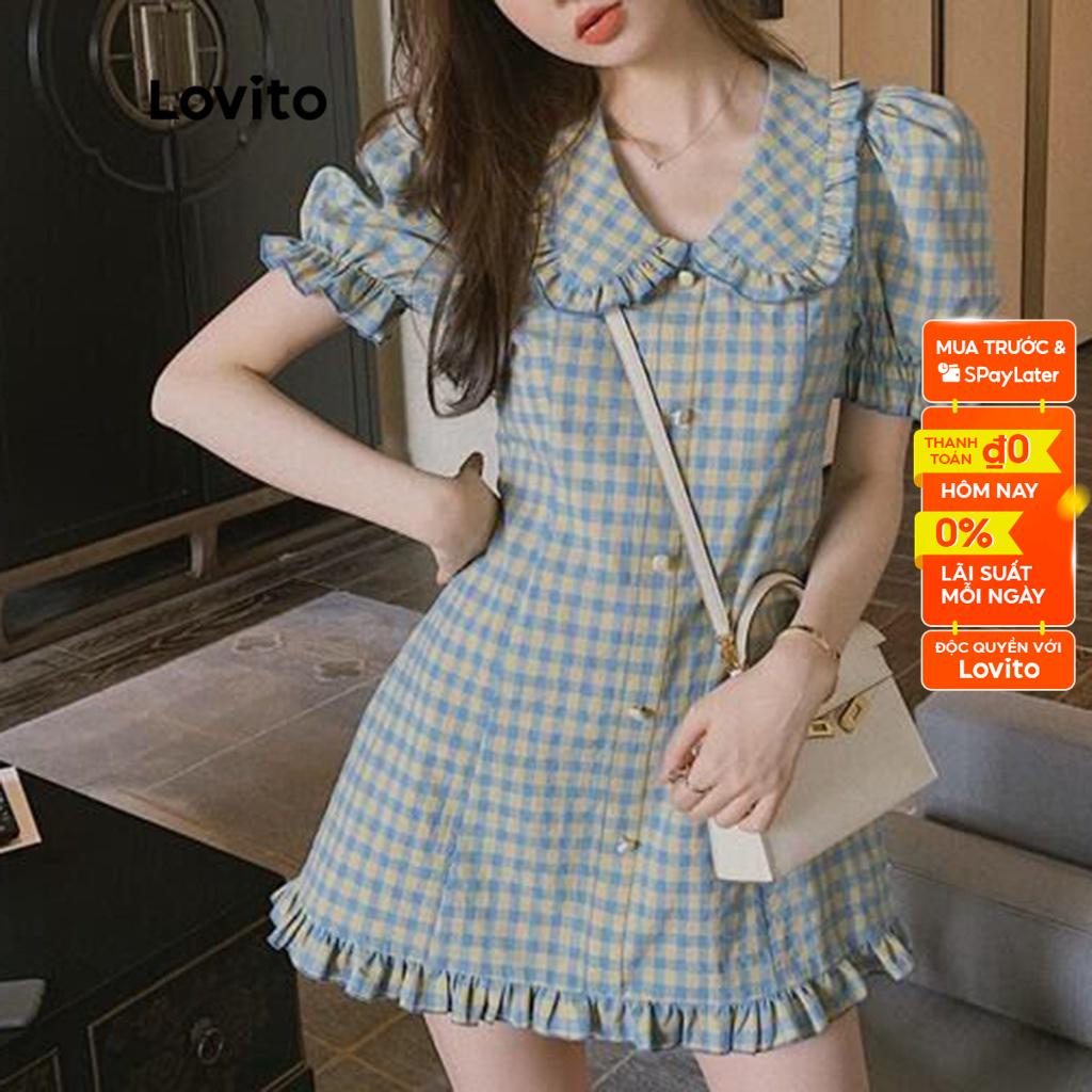 Đầm Lovito viền nhún bèo kẻ sọc phối nút xinh xắn cho nữ LNE12147 (xanh dương nhạt)