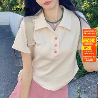 Áo thun LOVITO tay ngắn có cổ phối nút trước màu trơn thường ngày cho nữ LNA10066