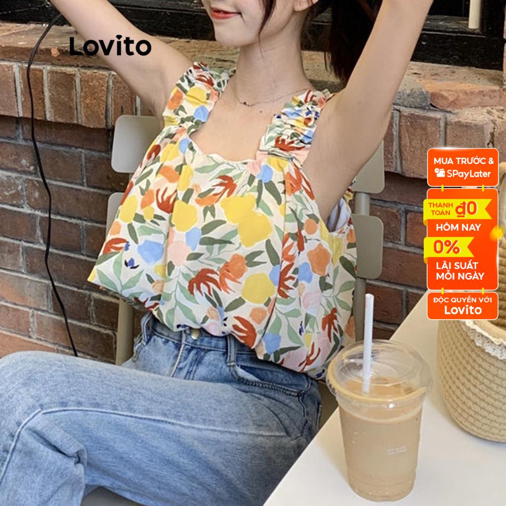 Áo dây Lovito không tay cổ vuông phối xếp nếp họa tiết hoa thường ngày cho nữ LNE04005 (nhiều màu sắc)