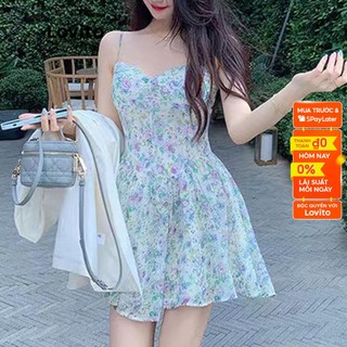 Đầm sát nách Lovito họa tiết hoa boho xếp nếp cho nữ LNE12080 (màu xanh dương)