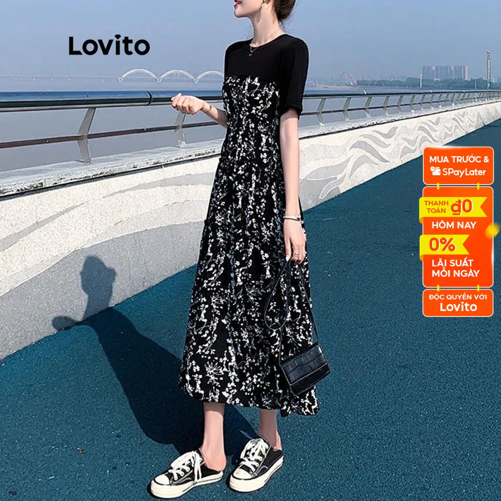 Đầm LOVITO tay ngắn cổ tròn họa tiết hoa thường ngày dành cho nữ LNA02126 (màu đen)