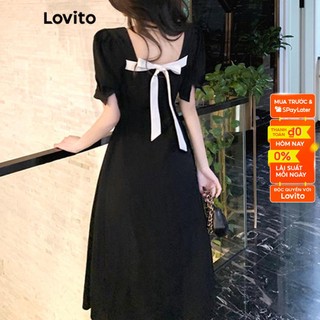 Đầm chữ A Lovito tay phồng phối thắt lưng thanh lịch cho nữ LNE01054 (màu đen)