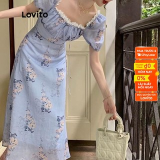 Đầm Lovito tay ngắn họa tiết hoa boho dây kéo lưng có lót cho nữ LNE12047