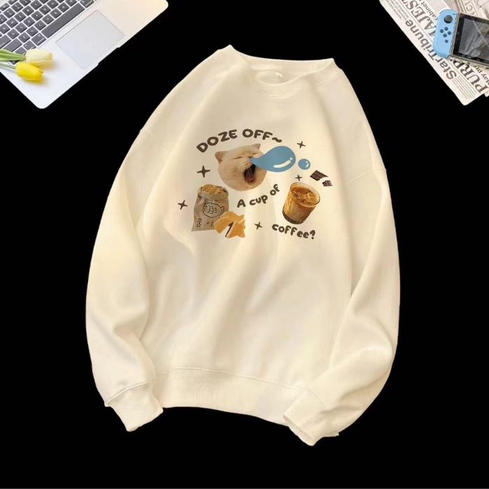 Áo sweater Cổ Tròn Tay Dài Dáng Rộng In Hình Mèo Hamburger Dễ Thương Phong Cách Hàn Quốc Cho Nữ