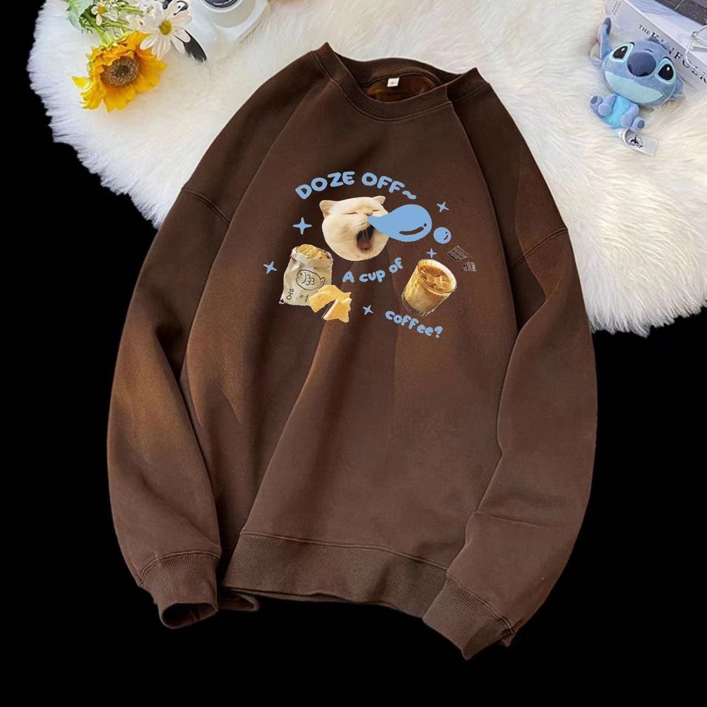 Áo sweater Cổ Tròn Tay Dài Dáng Rộng In Hình Mèo Hamburger Dễ Thương Phong Cách Hàn Quốc Cho Nữ