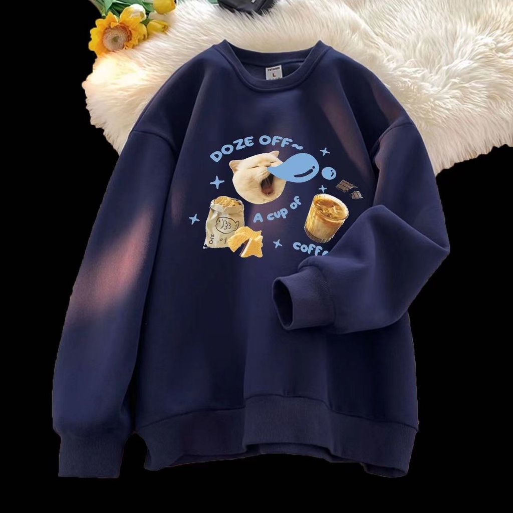 Áo sweater Cổ Tròn Tay Dài Dáng Rộng In Hình Mèo Hamburger Dễ Thương Phong Cách Hàn Quốc Cho Nữ