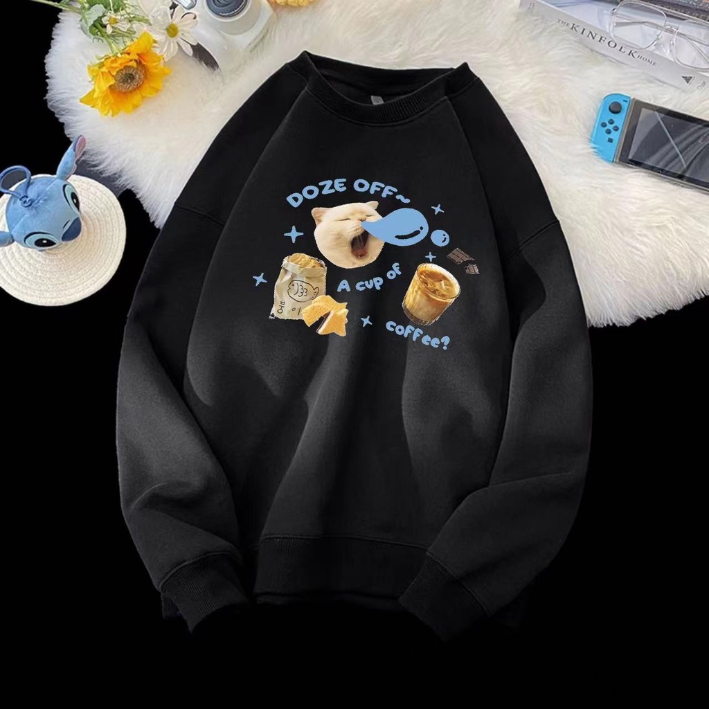 Áo sweater Cổ Tròn Tay Dài Dáng Rộng In Hình Mèo Hamburger Dễ Thương Phong Cách Hàn Quốc Cho Nữ