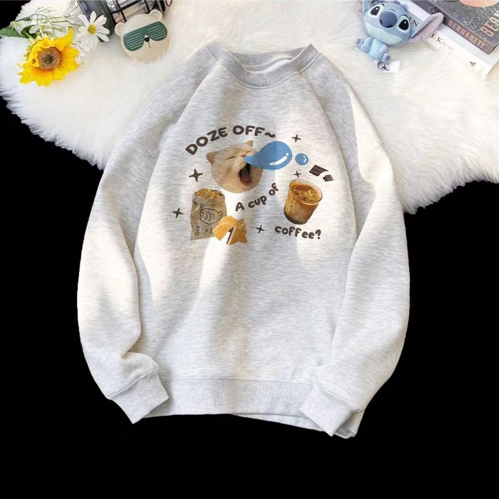 Áo sweater Cổ Tròn Tay Dài Dáng Rộng In Hình Mèo Hamburger Dễ Thương Phong Cách Hàn Quốc Cho Nữ