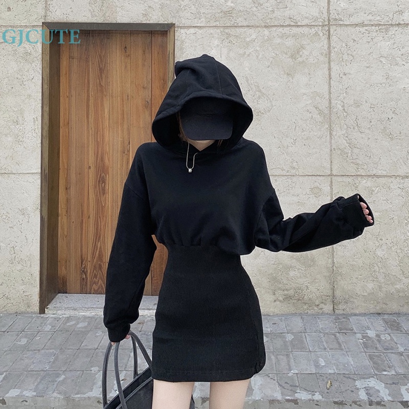 Gjcute Đầm Hoodie Tay Dài Ôm Dáng mini Màu Đen Cơ Bản Phong Cách Đường Phố Hàn Quốc Cho Nữ Wd