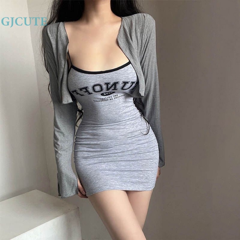 Gjcute Đầm mini Hai Dây Dáng Ôm In Chữ Gợi Cảm Mùa Hè