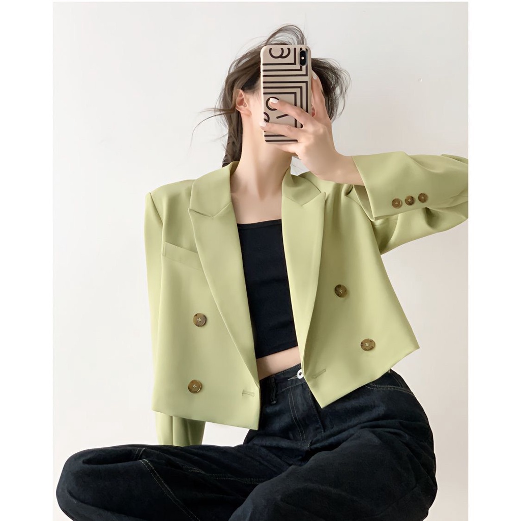 Áo Khoác Vest Ngắn Màu Xanh Lá Phong Cách Pháp Thời Trang Xuân Thu Cao Cấp Cho Nữ