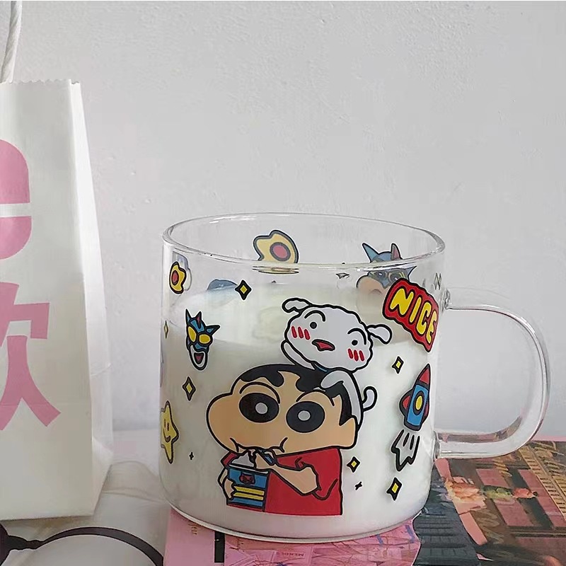 Cốc Thủy Tinh EELHOE Crayon Shin-chan Một Lớp Với Kiểu Dáng Ins Và Tay Cầm Hoạt Hình Chịu Nhiệt Hoàn Hảo Cho Nước Uống Sữa Quà Tặng Bạn Bè miiki_vn