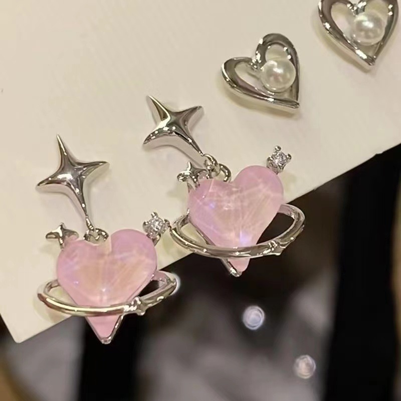 Bộ Bông Tai Bạc Hình Trái Tim / Bướm Đính Đá zircon / Ngọc Trai Thời Trang Phong Cách Hàn Quốc Cho