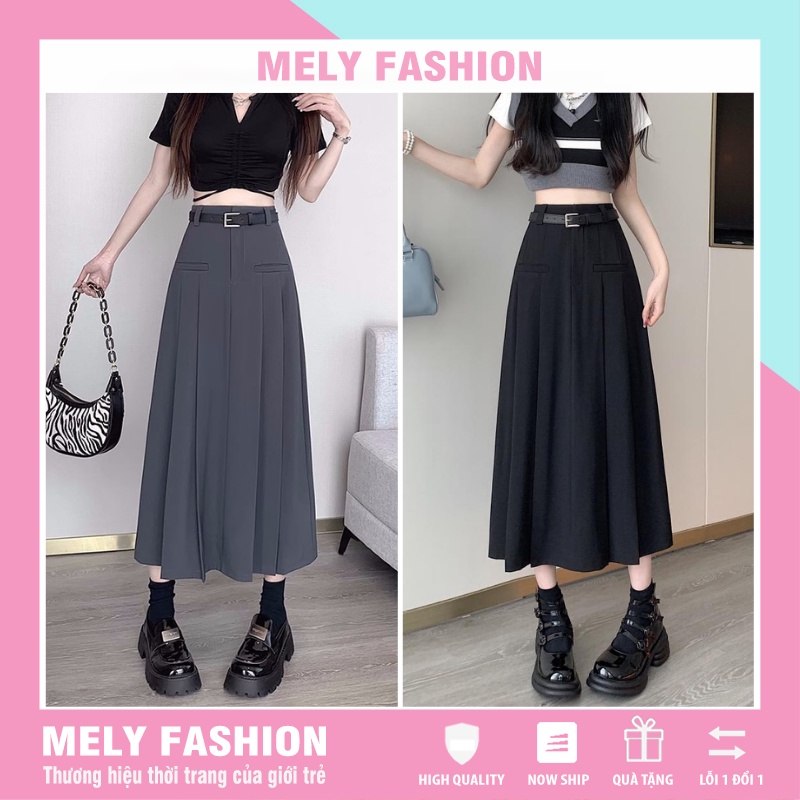 Chân váy dáng dài ulzzang midi xếp ly xẻ trước đi làm đi chơi phong cách y2k Douyin trẻ trung năng động màu đen ghi CV77