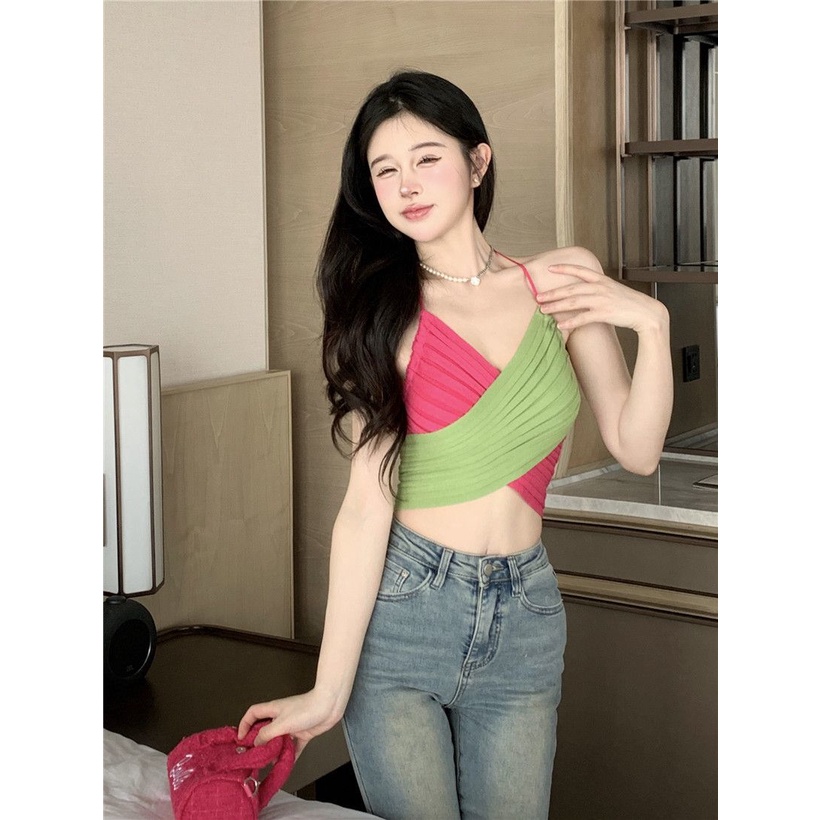 Áo Lửng Không Tay Dây Chéo Màu Sắc Tương Phản Thời Trang Mùa Hè Dành Cho Nữ