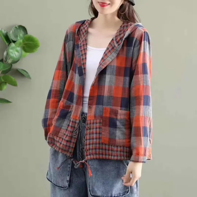 Áo Khoác Tay Dài Có Nón Dáng Rộng Vải cotton Lanh Mỏng Họa Tiết Sọc Caro Thời Trang Cho Nữ