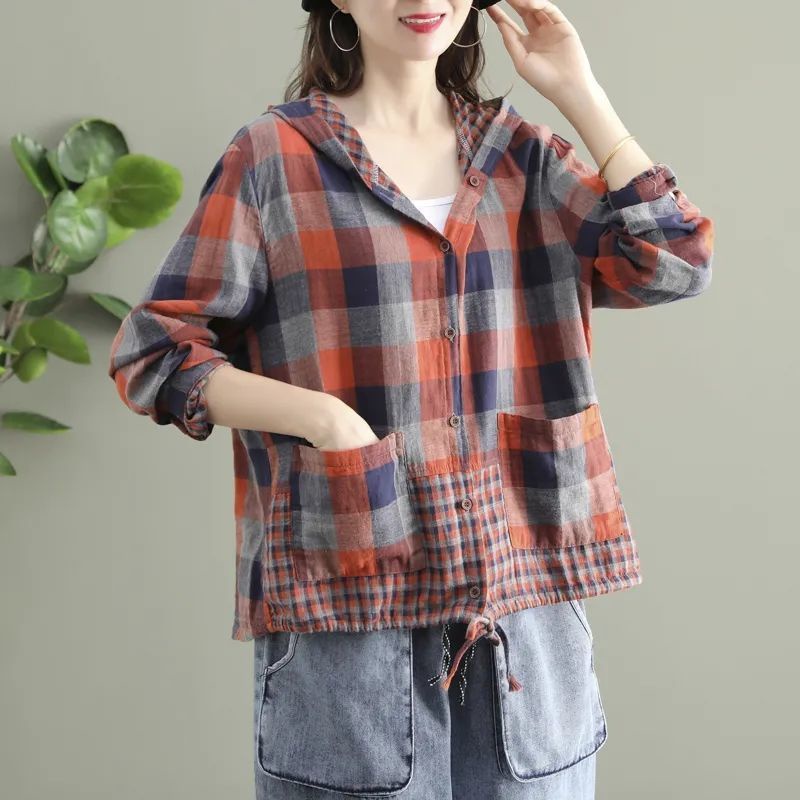 Áo Khoác Tay Dài Có Nón Dáng Rộng Vải cotton Lanh Mỏng Họa Tiết Sọc Caro Thời Trang Cho Nữ