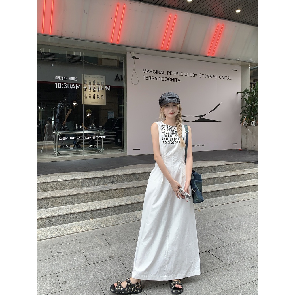 「 Sauce 」Đầm Dài Không Tay In Chữ Phong Cách Đường Phố Mỹ Thời Trang Thường Ngày Cho Nữ