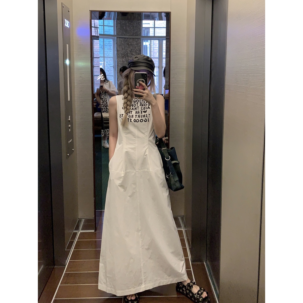 「 Sauce 」Đầm Dài Không Tay In Chữ Phong Cách Đường Phố Mỹ Thời Trang Thường Ngày Cho Nữ