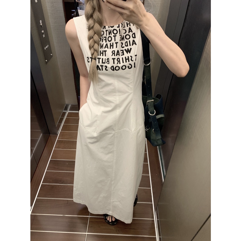 「 Sauce 」Đầm Dài Không Tay In Chữ Phong Cách Đường Phố Mỹ Thời Trang Thường Ngày Cho Nữ