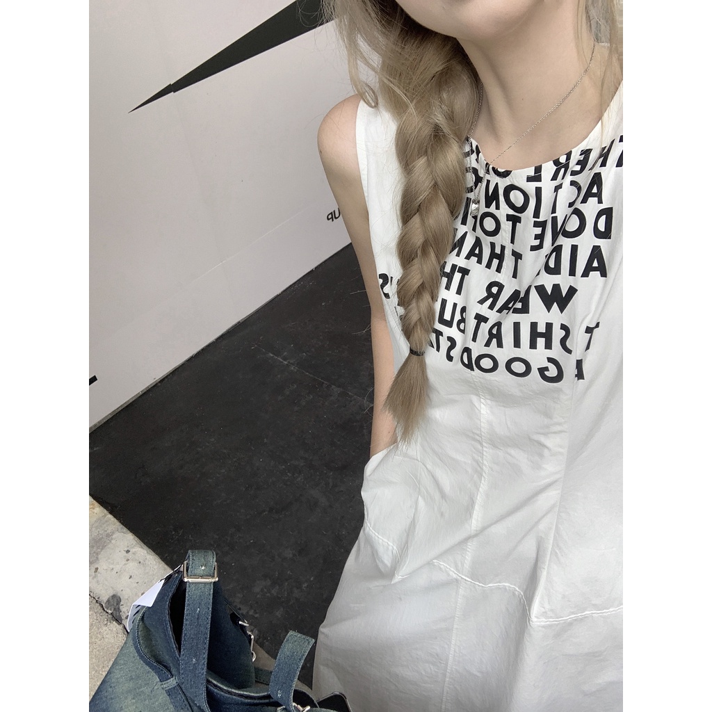 「 Sauce 」Đầm Dài Không Tay In Chữ Phong Cách Đường Phố Mỹ Thời Trang Thường Ngày Cho Nữ