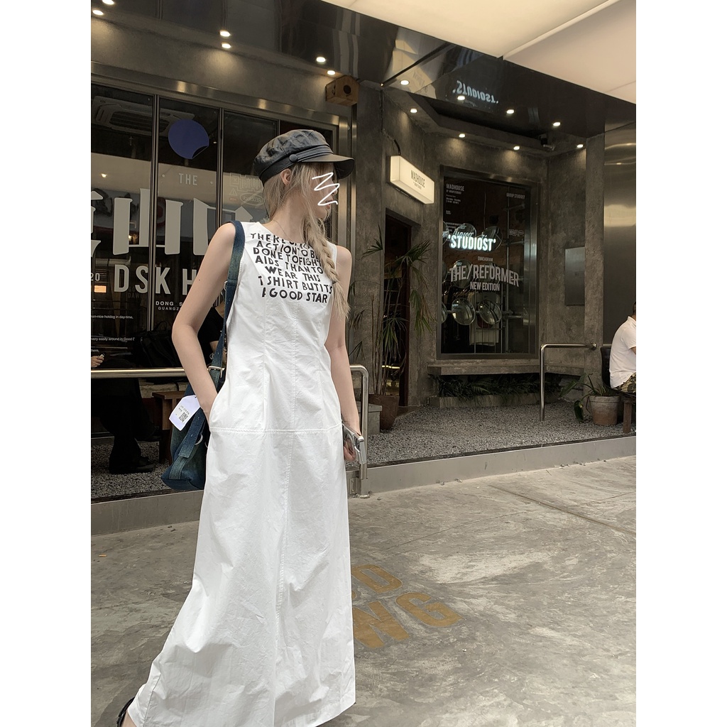 「 Sauce 」Đầm Dài Không Tay In Chữ Phong Cách Đường Phố Mỹ Thời Trang Thường Ngày Cho Nữ