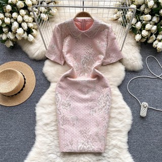 Mới Đầm Tay Ngắn Cổ Búp Bê Màu Hồng Thêu Họa Tiết Thời Trang Mùa Hè Xinh Xắn Cho Nữ
