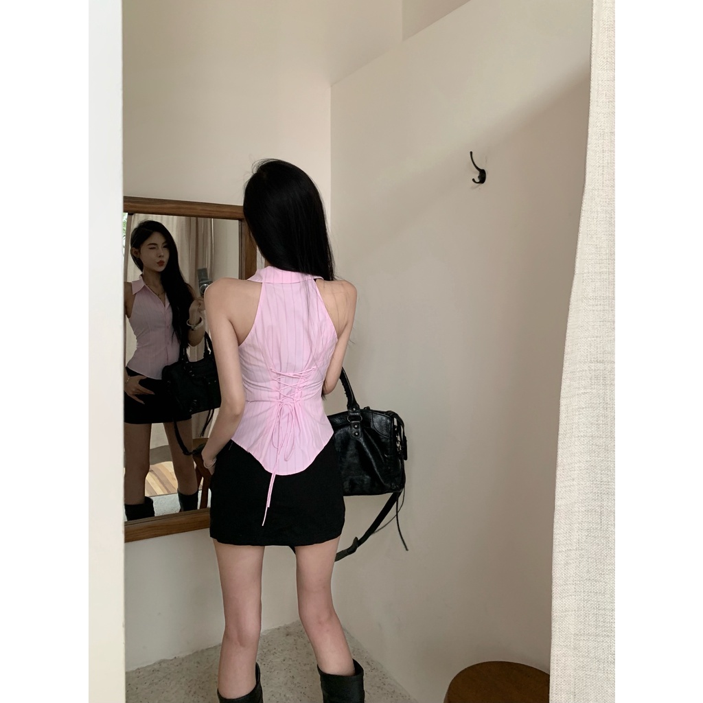Liasynn Set Áo Sơ Mi Sát Nách Màu Hồng Dáng Chữ a Và Chân Váy Ngắn Ôm Hông Phong Cách Ngọt Ngào Cho Nữ