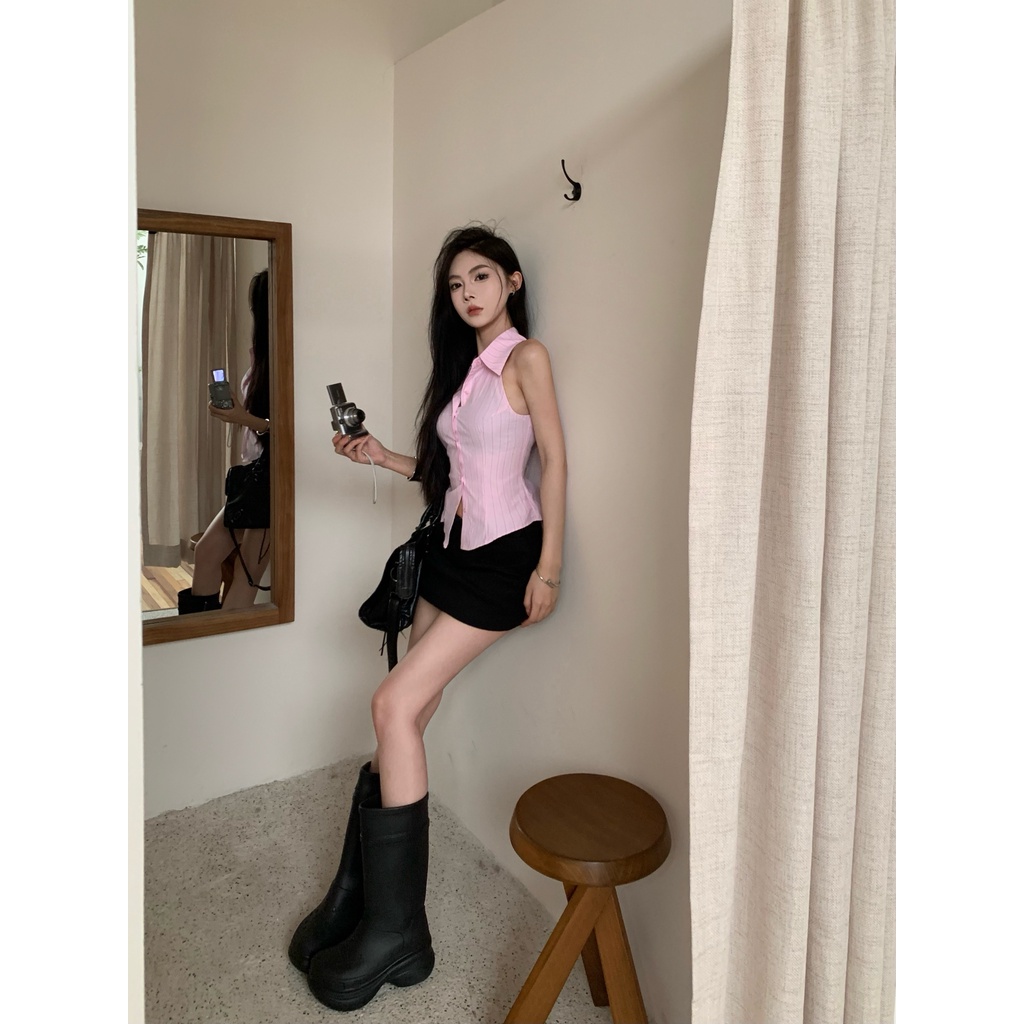 Liasynn Set Áo Sơ Mi Sát Nách Màu Hồng Dáng Chữ a Và Chân Váy Ngắn Ôm Hông Phong Cách Ngọt Ngào Cho Nữ