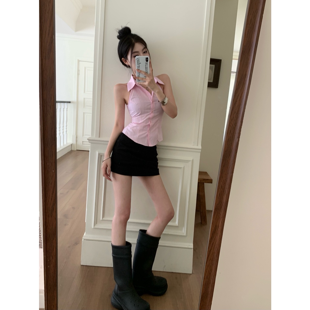 Liasynn Set Áo Sơ Mi Sát Nách Màu Hồng Dáng Chữ a Và Chân Váy Ngắn Ôm Hông Phong Cách Ngọt Ngào Cho Nữ