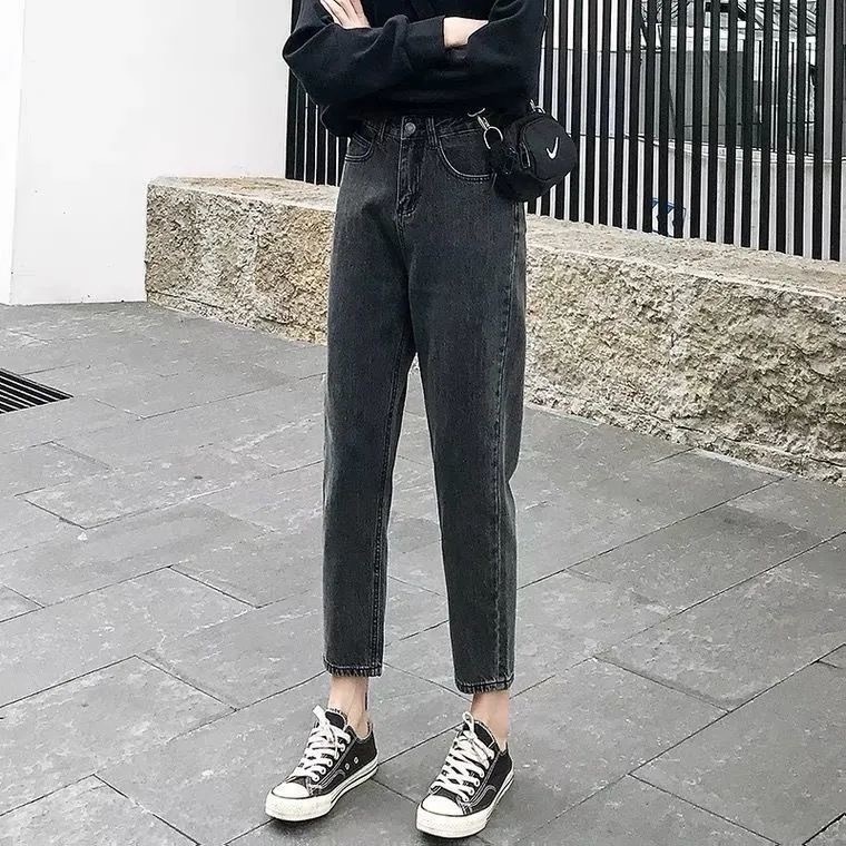 Quần Jeans Baggy Nữ Ống Côn Cạp Lưng Cao Chất Cotton Không Dãn B393