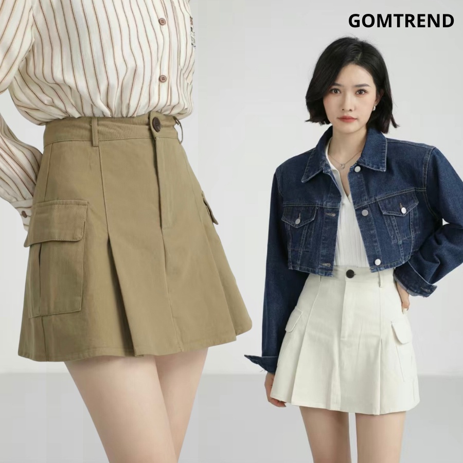 Chân Váy Kaki Cạp Cao Phối Túi Nắp Sườn - Váy Dáng A Xếp Li BIGSIZE Chất Kaki Mềm Không Nhăn Gomtrend