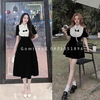 Váy thiết kế nhung phối nơ dáng suông xoè ngắn dài sang chảnh