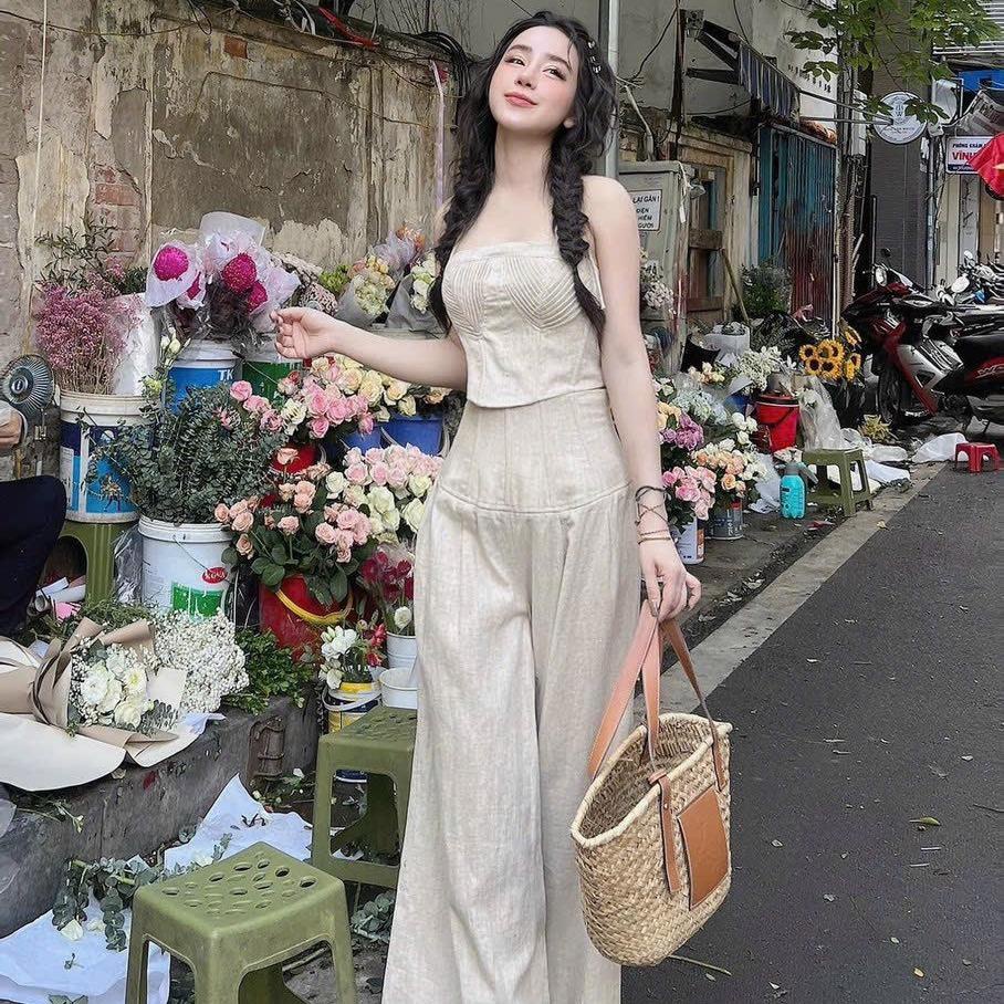 M637 - Set bộ đũi xếp ly ngực mix quần suông tua rua tiểu thư, set bộ nữ áo cúp quần suông dài