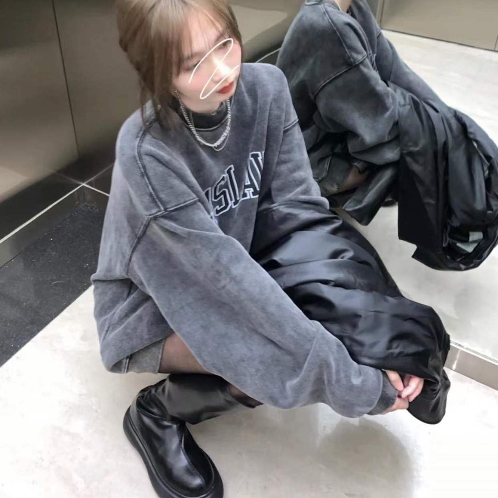 Áo Khoác Nỉ Dày Dặn Màu Xám Đậm Phong Cách retro Mỹ Thời Trang Thu Đông Cho Nữ hot 6y54